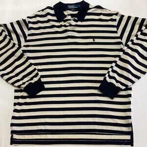 Polo Ralph Lauren White & Navy Blue Striped Long Sleeve Rugby Shirt Size - L